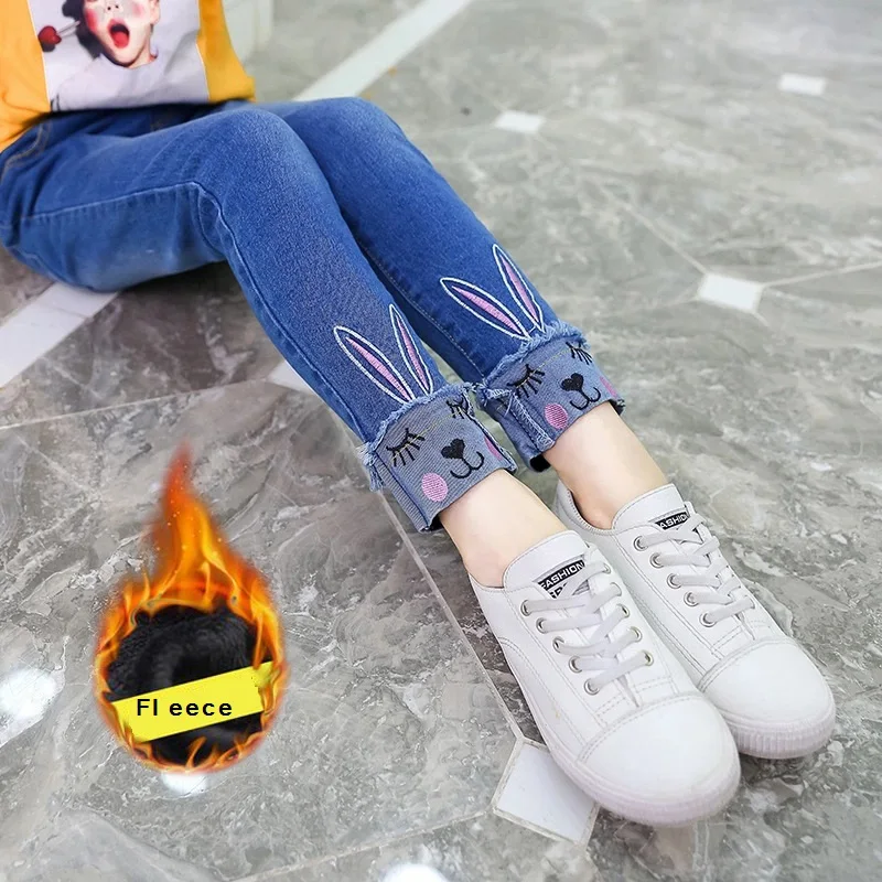 

Fashion Winter Warm Fleece Embroidery Straight Baby Girls Denim Pants Kids Trousers Children Outfits For 90-150cm
