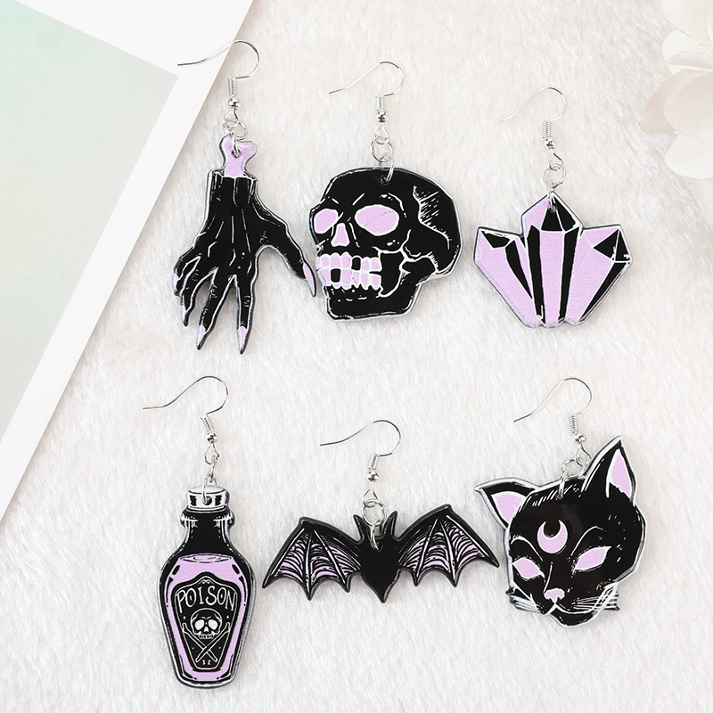 Dangle Earrings Crystal Earrings Drop Earrings Long Earrings Halloween Dangle Earrings Black Punk Witches Crafts Skull Hand Cat Bat Crystal 1Pair for Women Birthday Gift