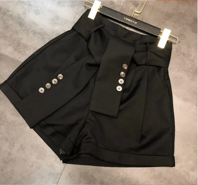 Fall New Button Design Belt High Waist Women Shorts Solid Color Female Wide Leg Shorts