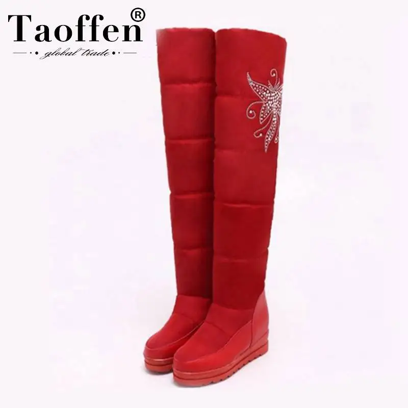 Cena TAOFFEN nowa rosja ciepłe buty na śnieg kobiet platformy wodoodporne pluszowe futro obcasy wysokie buty do kolan rozmiar butów zimowych 33 43