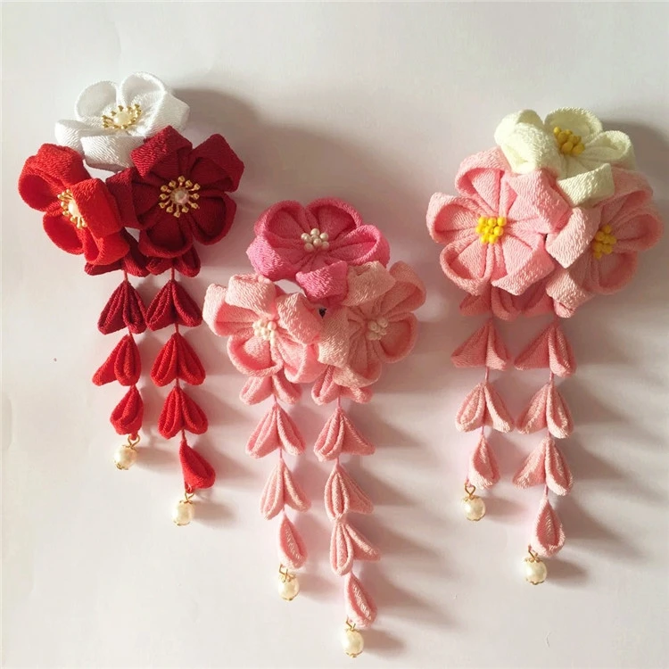 Retro pink Flowers tassel Hair Pin Accessory  for Kimono Hanfu Party Cosplay 