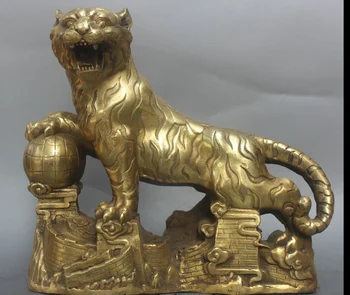 

zhmui8800626434<<+++12" China Chinese Folk Feng Shui Brass Zodiac Year Tiger Ball Statue Sculpture