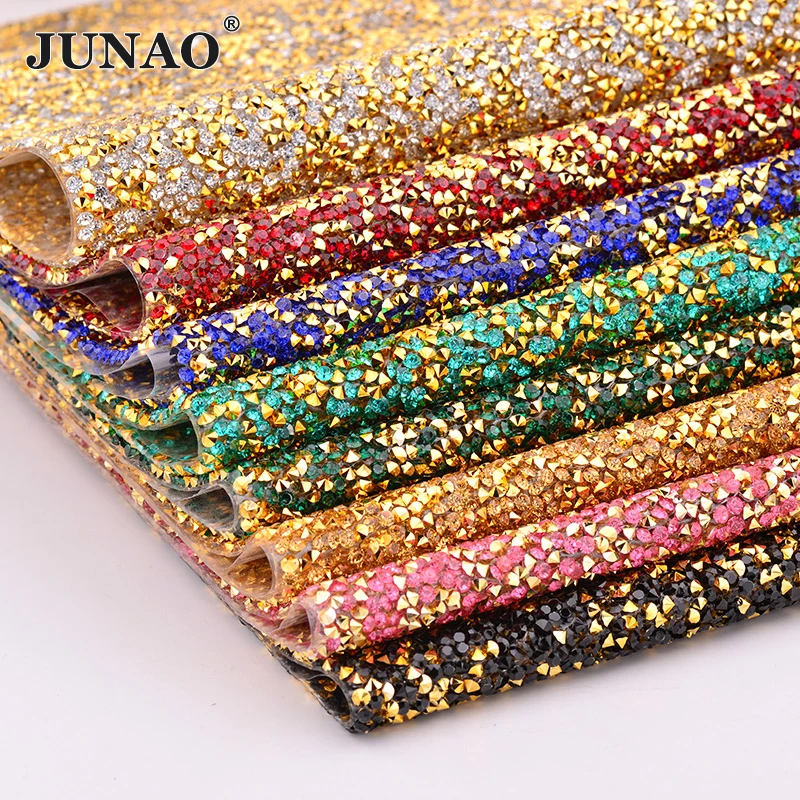 

JUNAO 24*40cm Hotfix Rhinestone Trim Mesh Self-Adhesive Crystal Stone Fabric Sheet Resin Strass Ribbon For DIY Clothes Crafts