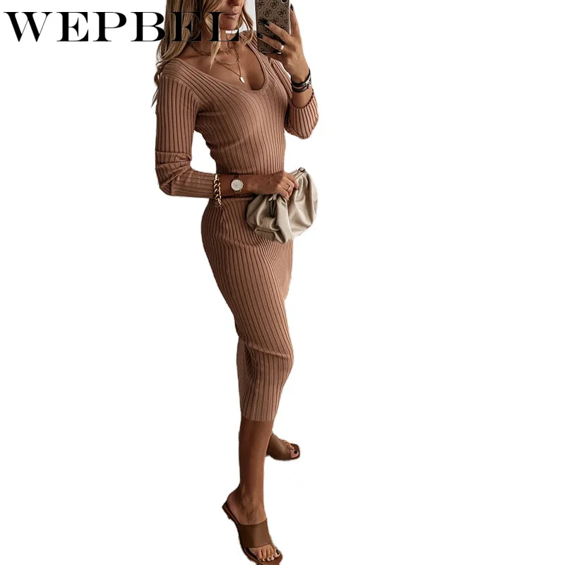 

WEPBEL Women's Casual Long Sleeve V-neck High Waist Sheath Dress Autumn Winter Fashion Solid Color Slim Fit Dress
