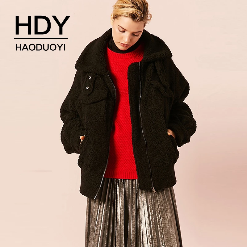 

HDY Haoduoyi New Fashion Loose Autumn Winter Ladies Casual Simple Womens Female Elegant Zipper Black Long Sleeve Jacket