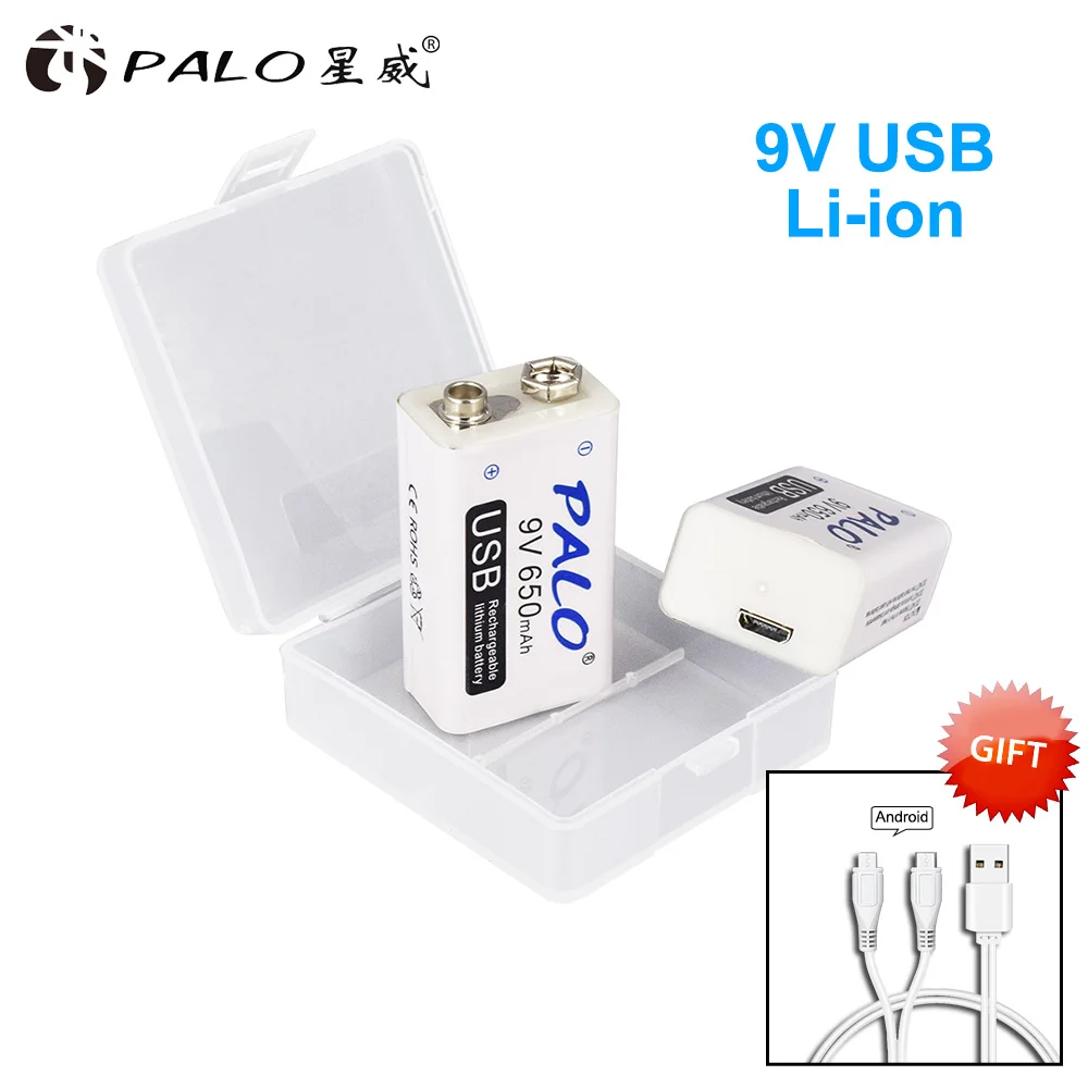 PALO 9V USB литиевая батарея 650mAh 6F22 литий-ионная аккумуляторная батарея для игрушек массажеры мультиметры гитара с USB кабелем - Цвет: 2pcs with cable