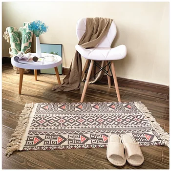 

Cotton and Linen Tassel Woven Carpet Non Slip Floor Mat Door Bedroom Tapestry Decorative Blanket Tea Living Room Carpet Area Rug