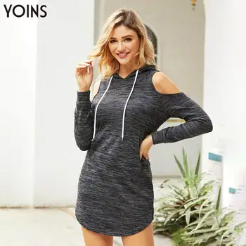 

YOINS Stylish Hooded Tie Up Cold Shoulder Curved Hem Long Sleeve Dress 2020 Women Black Mini Dresses Casual Basic Vestidos Femme