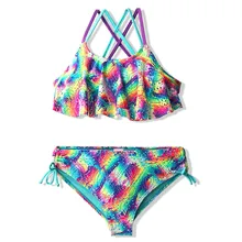 Радужное бикини для девочек, детский От 6 до 16 лет, купальник для девочек-подростков, Falbala, 2 предмета, детский купальник с перекрестной спинкой, купальный костюм для больших девочек