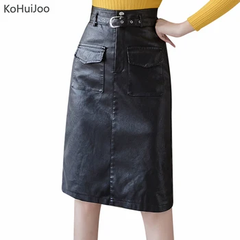 

KoHuiJoo Pencil Leather Skirt Women Autumn Elegant Office Lady Faux Leather Skirt 2019 Knee-Length Back Split Skirt with Sashes