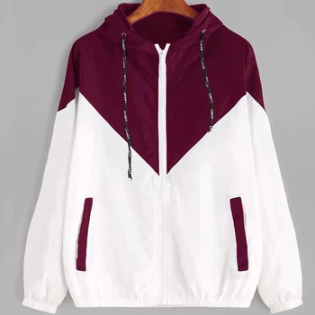 

Women Hooded Basic Jackets Female Zipper Pockets Casual Long Sleeves Coats Autumn Hooded Jacket Two Tone Windbreaker Jacket
