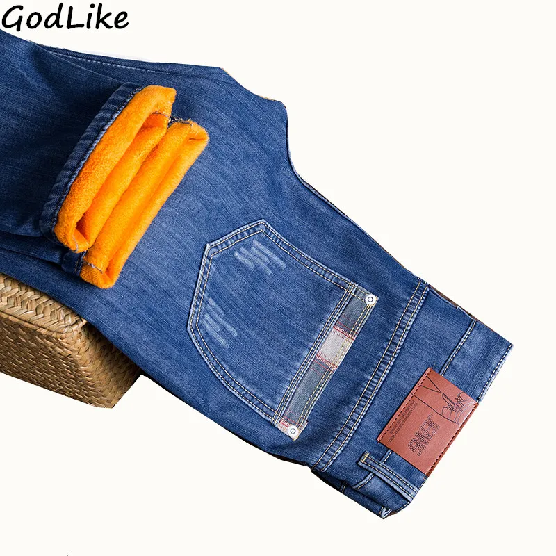 Новинка зимние мужские теплые облегающие джинсы эластичные синие облегающие джинсы модные повседневные плотные джинсовые мужские штаны брендовая одежда