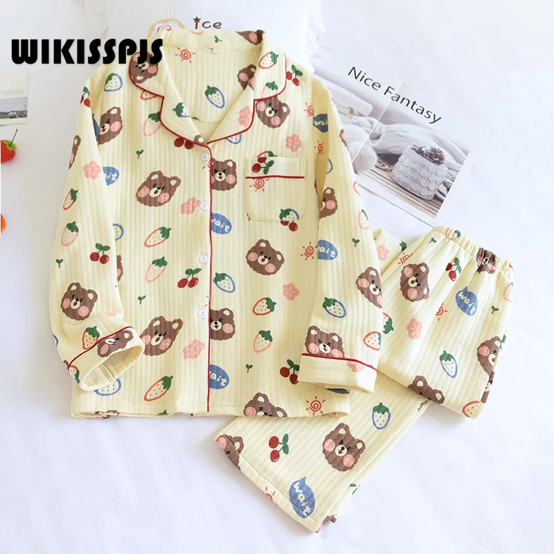 

WIKISSPJS Autumn Winter Cotton Air Layer Pajamas Women's Plus Thickened Large Home Warm Living Clothes Loungewear Sleepwear