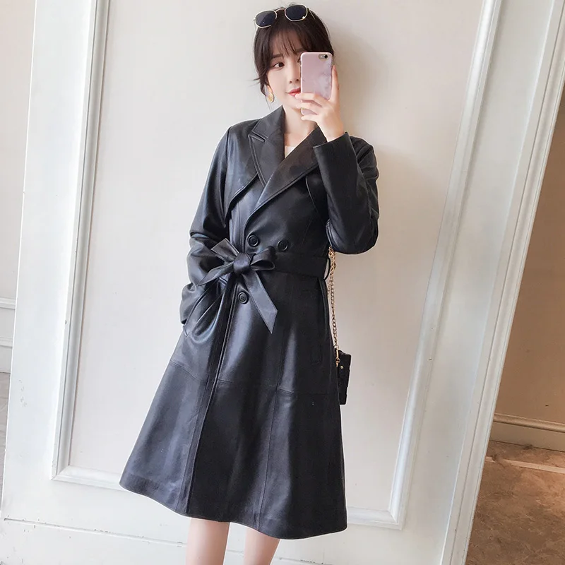 

100% Real Leather Jacket Women Trench Coat Leather Genuine Sheepskin Women Jackets Spring 2020 Plus Size Black Ladies Coat QT164