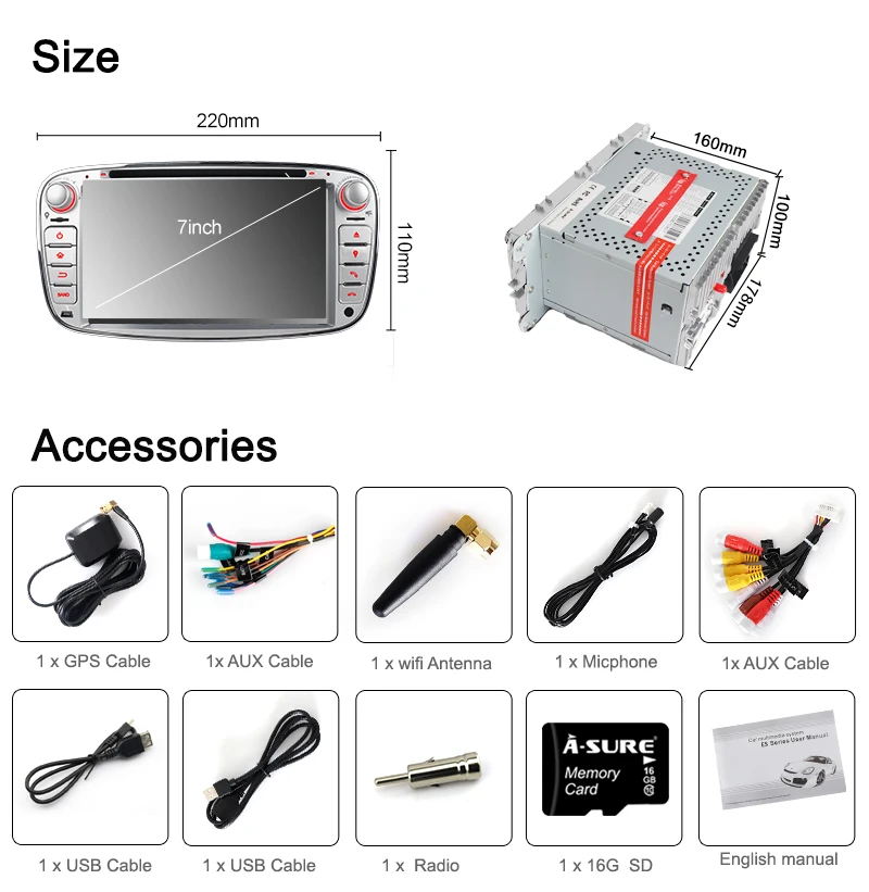 Sale A-Sure 7 Inch 2 Din Android 9.0 Car Radio GPS DVD Player Navigation For FORD/Focus/S-MAX/Mondeo/C-MAX/Galaxy/Fiesta 32G ROM DAB+ 34
