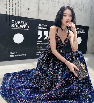 

New Arrival Velvet Sequins Spaghetti Straps Evening Gown Long Prom Dress Custom Made