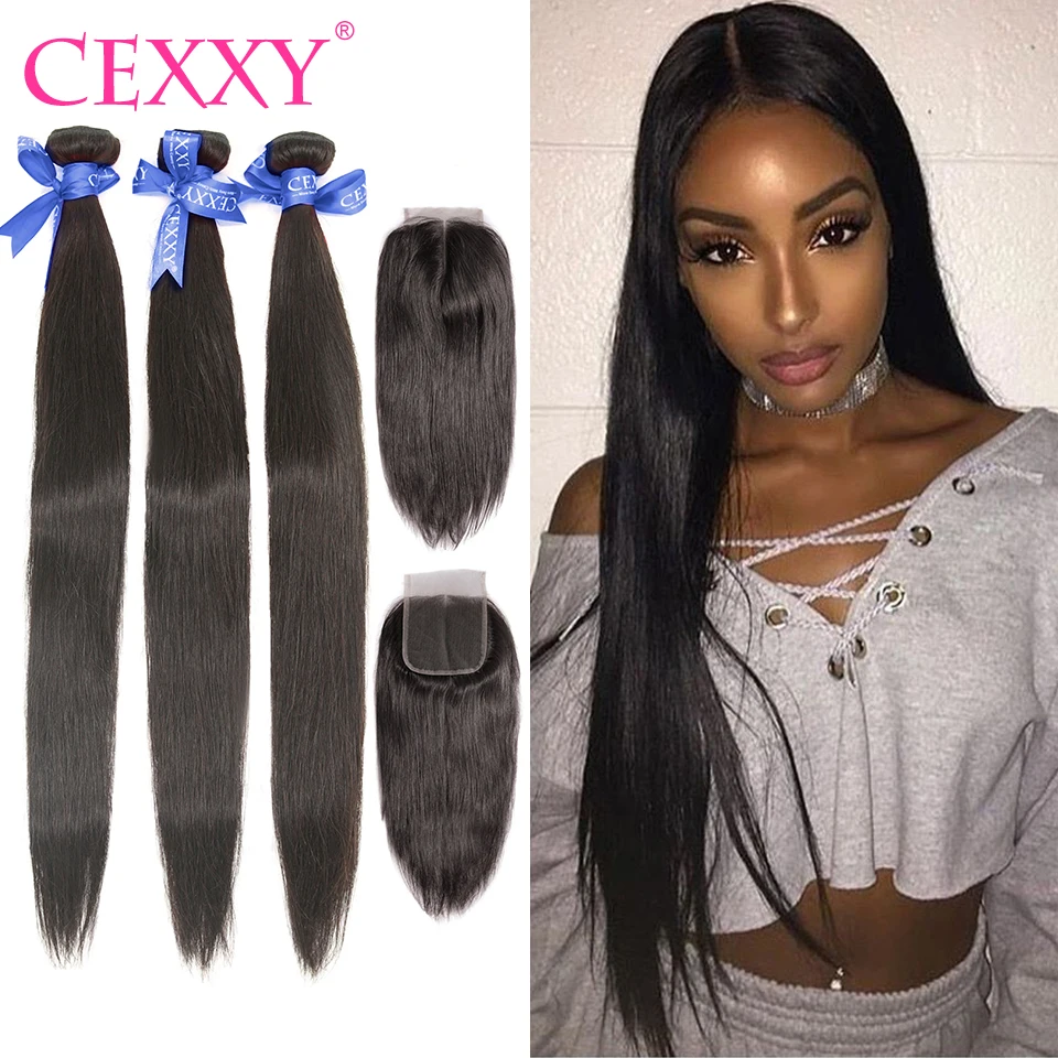 

CEXXY Peruvian Human Hair Bundles With Closure Straight Hair Weave Bundles Human Remy Hair 4x4 Lace Closure For Black Women