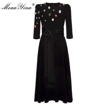 

MoaaYina Fashion Designer dress Spring Autumn Women's Dress Beading Button Lace-up Black Elegant Dresses
