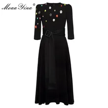 MoaaYina ファッションデザイナードレス春秋の女性のドレスビーズボタンレースアップ黒のエレガントなドレス