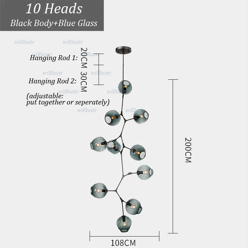 10 Heads Black-Blue Творческий Стекло подвесной светильник утюг с регулируемой Форма отель Холл кафе Mall Lounge Обеденная Спальня Nordic Висячие Подвеска Свет - Цвет корпуса: 10 Heads Black-Blue