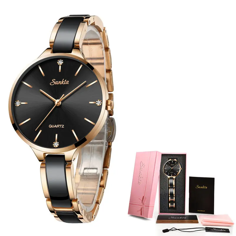 Relogio Feminino SUNKTA женские часы водонепроницаемые Топ брендовые роскошные часы женские с керамикой и металлическим ремешком Relojes Para Mujer - Цвет: Rose gold black