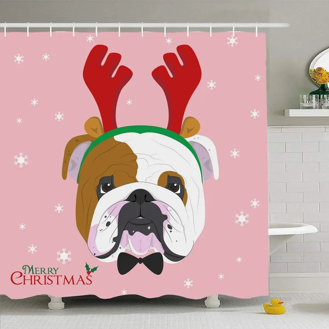 

Shower Curtain Set with Hooks 60x72 Christmas Celebration Greeting English Bulldog Dog Canine Animals Wildlife Face Holidays