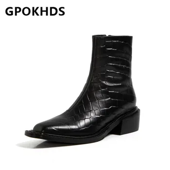 

GPOKHDS 2021 women Ankle boots Cow leather Winter short plush Square Toe Zipper Med heels female Riding boots size 40