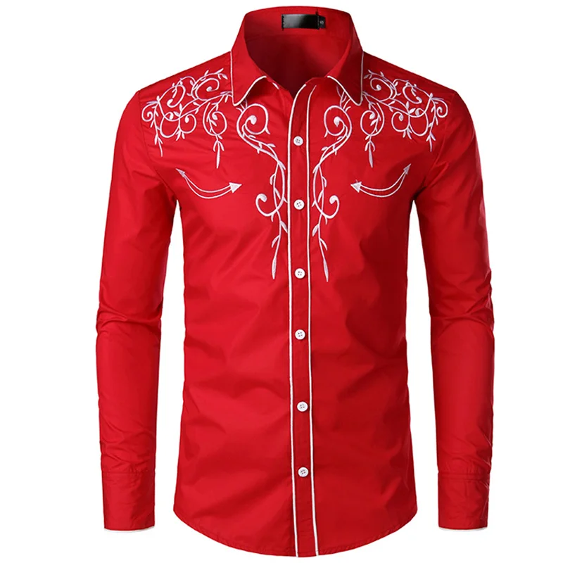 Goedkoop Stijlvolle Western Cowboy Shirt Mannen Brand Design Borduren Slim Fit Toevallige Lange Mouwen Shirts Heren Wedding Party Shirt voor Mannelijke 4