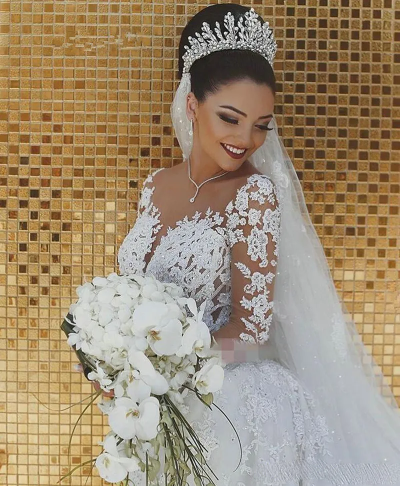 Luxury Dubai Saudi Arabic Lace Mermaid Wedding Dress Sexy Illusion Long Sleeve Bride Dresses Crystals Beads Wedding Gowns