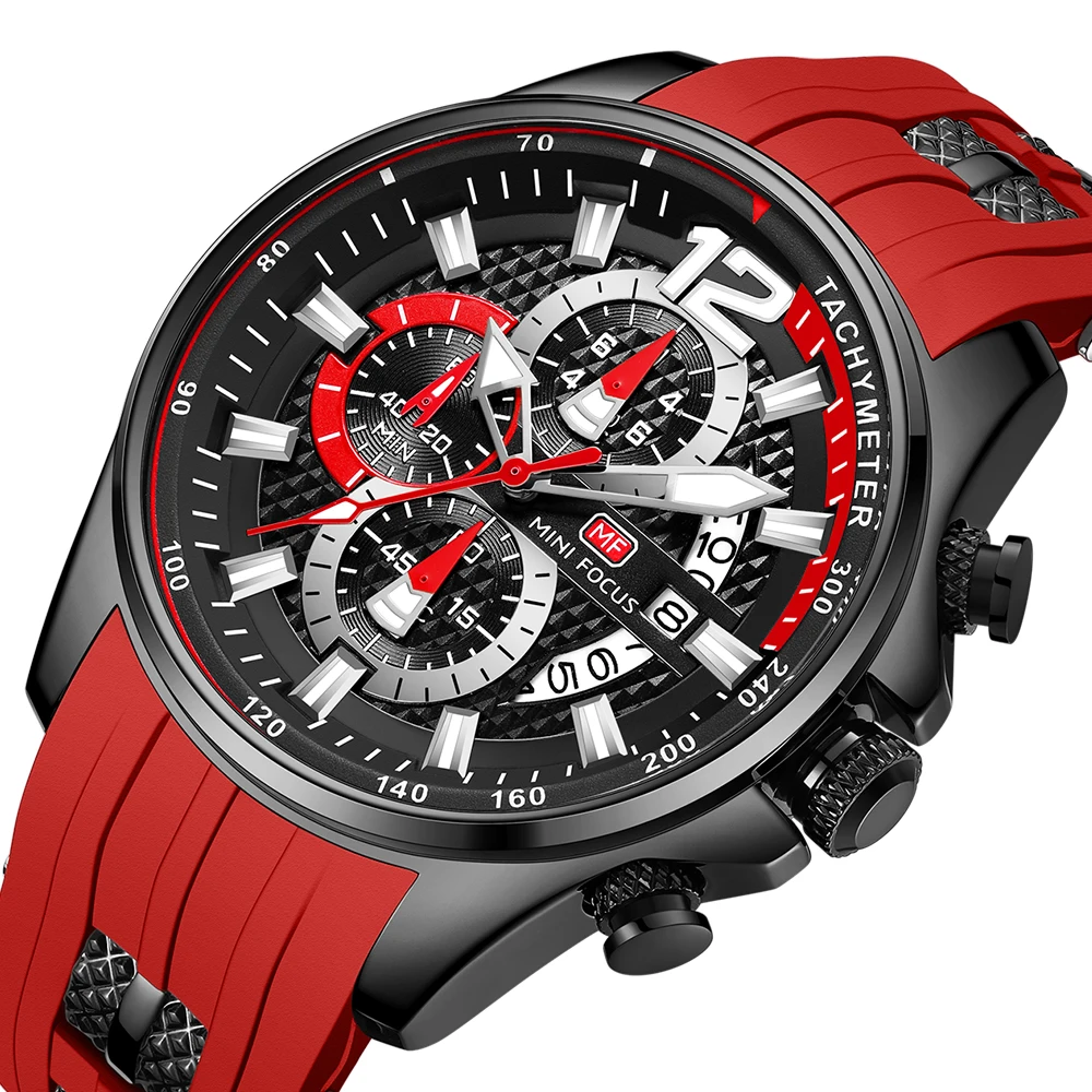 MINI FOCUS-Reloj de pulsera deportivo para hombre, de cuarzo, resistente al agua, correa de silicona roja