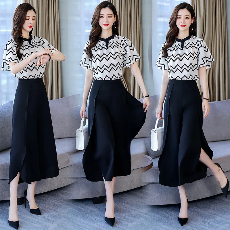 

Two-Piece 2019 Wave Tops with Casual Wide Leg Pants Capri Pants Set Loose And Comfortable