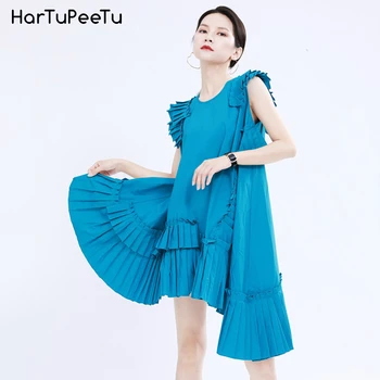 

French Pleated Mini Dress Women Plus Size Loose Irregular Vestido Mujer Elegance 2020 Summer Sexy Sleeveless Blue Casual Dresses