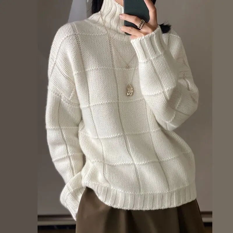 High-neck Thick Cashmere Sweater Women Loose Korean Style Lazy Autumn Winter New Wool Knitted Sweater Turtleneck Pullover Female ladies sweater Sweaters