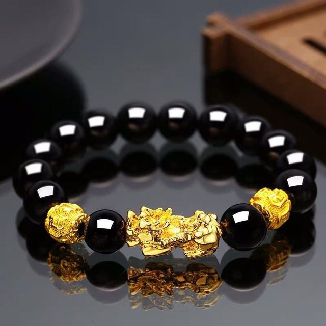Shui Obsidian Stone Beads Bracelet Men Women Unisex Wristband Gold Black Pixiu Wealth and Good Luck Color Changing Bracelet