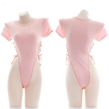

Pink Girl Sexy High split Side Bandge Short Sleeve Bodysuit Swimsuit Gymnastics suit Private Pajamas Lolita Student Sukumizu