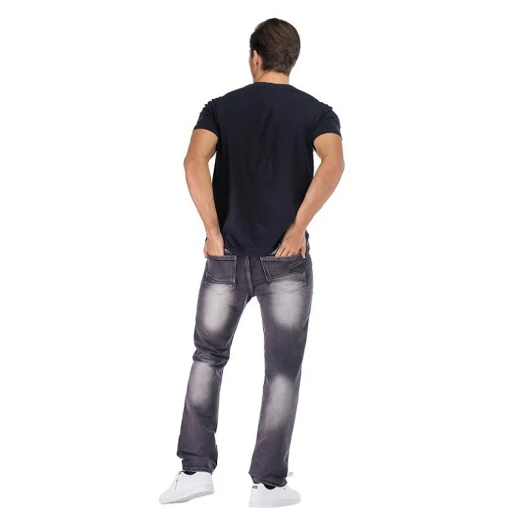 EH · MD® Gray Jeans Men's Pleated Hole Patch Cotton Soft Small Straight High Street Personalized Slim Pants Motorcycle 2020 New