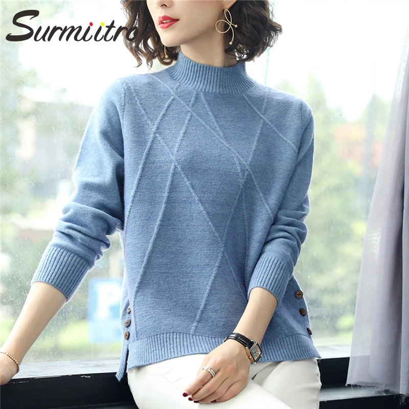 Ceny Surmiitro dzianinowy półgolf damski sweter 2019 jesienno zimowy z koreańskimi guzikami damski sweter z długim rękawem i sweterkiem