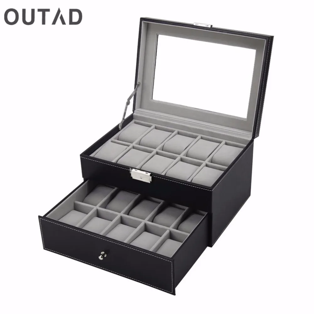 

20 Grid Slots Jewelry Watches Boxes Organizer Display Storage Box Case Leather Square Jewelry Holder Top Glass Winder