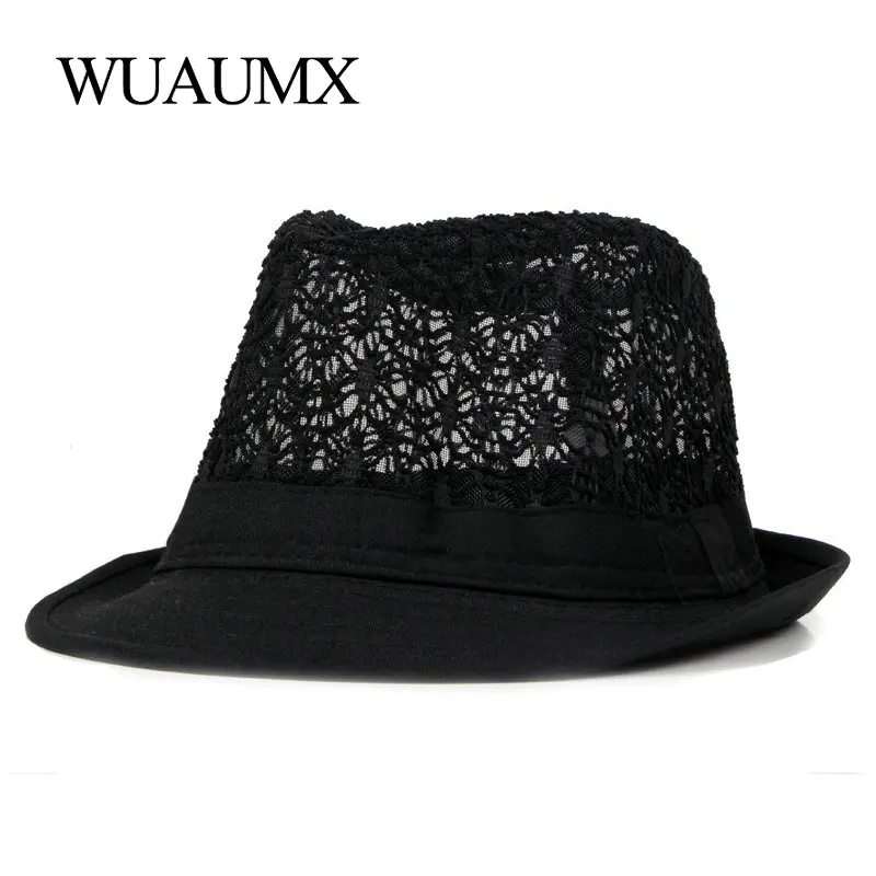 

Wuaumx Spring Summer Mesh Jazz Caps Women Hollow out Panama Hat Breathable Fedoras Hat For Female Bowler Hats Blue Green Fedora