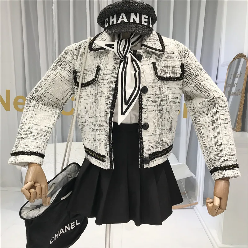 

2019 Autumn Small Fragrance Jacket for Women Tweed Short Jacket Lady Long Sleeve Coat Female Outwears