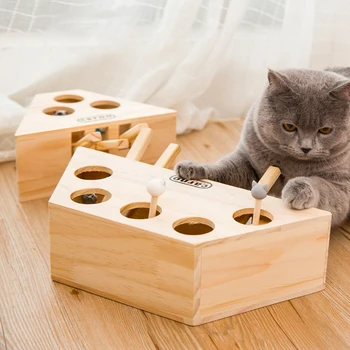 

Pet Cat Interactive Play Teaser Toy Cat Toys Indoor Solid Wooden Cat Hunting Whack Toy Interactive 3/5-holed Mouse Seat Scratch
