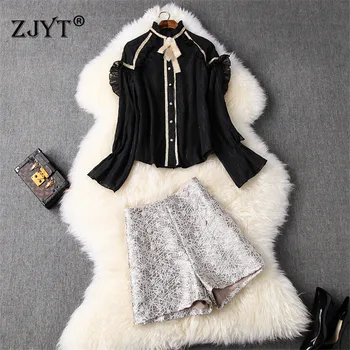 

2020 New Spring Runway Fashion Women Elegant Lady Office Outfit Bowknot Loose Chiffon Blouse and Embroidery Shorts Suit