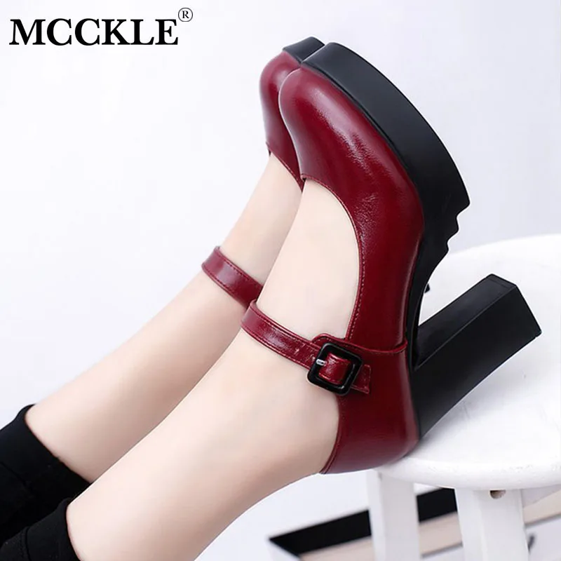

MCCKLE Women Autumn Pumps Patent Leather Buckle Strap Ladies High Heels Students Casual Platform Fashion Female Shoes 2019