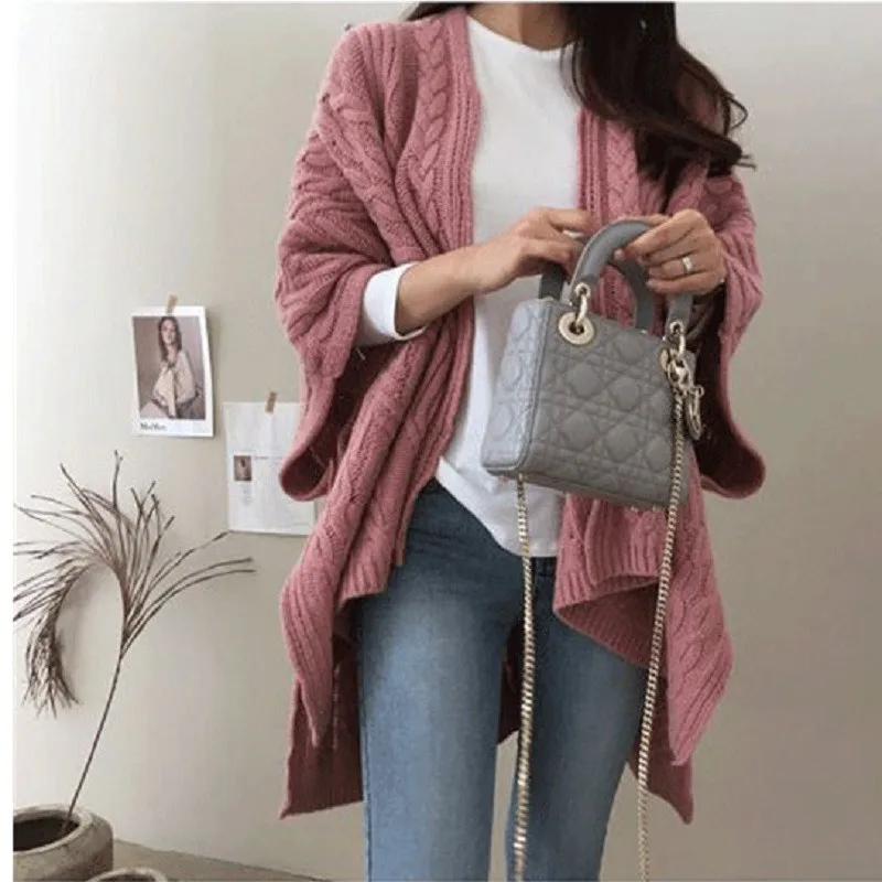 

CBAFU Twisted Knitted Cardigan Coat Women Loose Sweater Batwing Sleeves Autumn Winter Jumper Korean Oversized Shawl Split P463