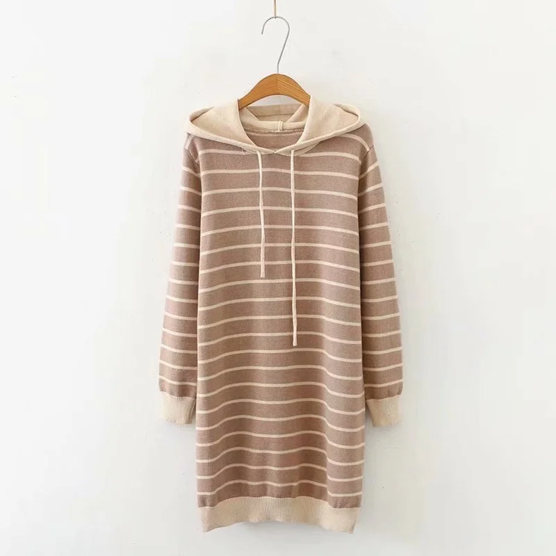 Plus Size XL-3XL Women's Knitted Dress Casual Hooded Striped Mini Dresses Autumn Pullover