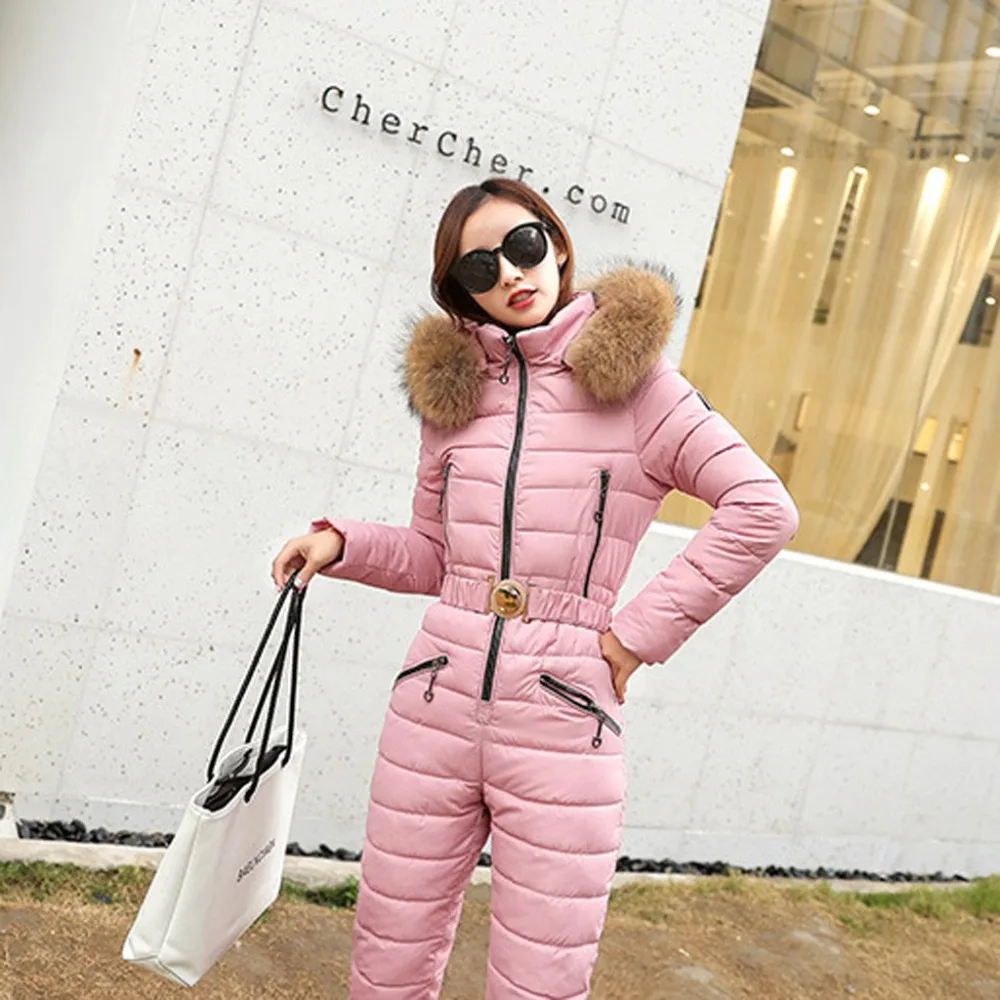 Women Hooded Solid Jumpsuits Elegant Warm Zipper Ski Suit Onesie Snowsuit Coat #4R02 (51)