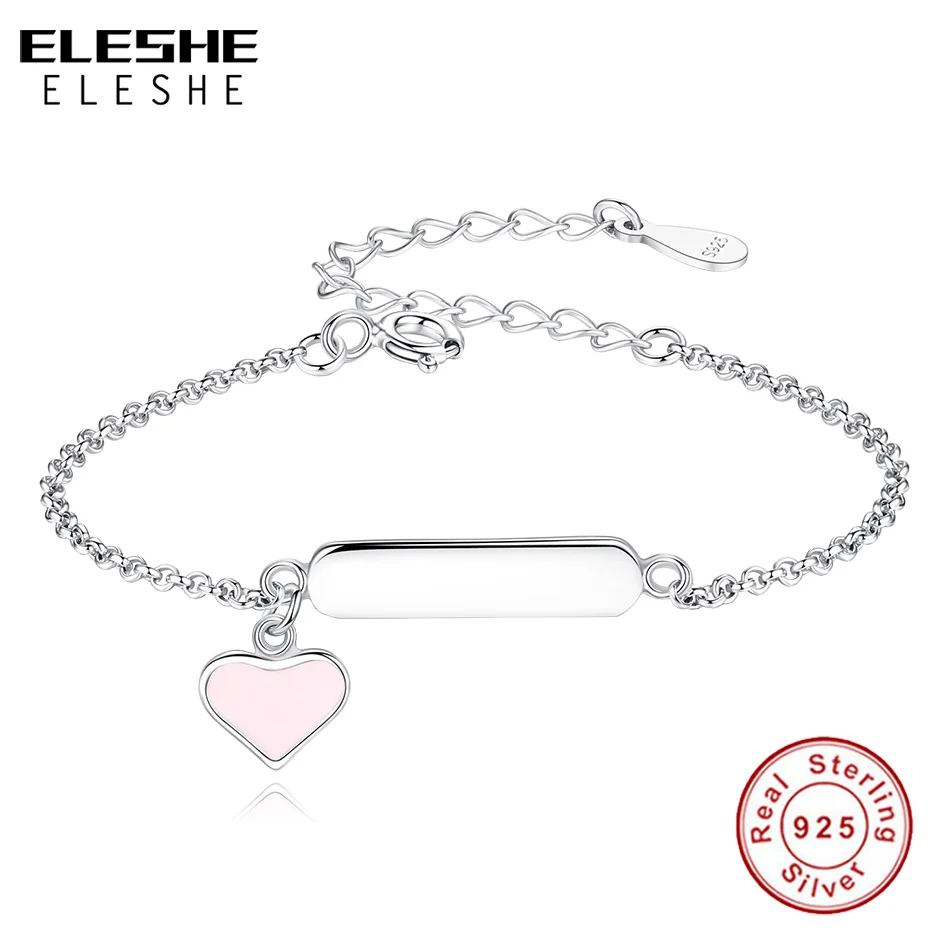 

ELESHE Children Personality Name Engraved Bracelet 925 Sterling Silver Enamel Heart Bracelet For Girls Kids DIY Jewelry Making