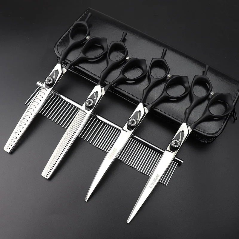 4pcs cut down thin 440C 7 дюймов истончение верхний и нижний изгиб половина черные ножницы для стрижки кошачьей и собачьей шерсти набор инструментов для ухода за домашними животными ножницы для стрижки - Цвет: 4pcs cut down thin