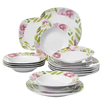

VEWEET ASHLEY 18-Piece Ivory White Porcelain Ceramic Dinnerware Tableware Set with 6*Dessert Plate,Soup Plate,Dinner Plate Set