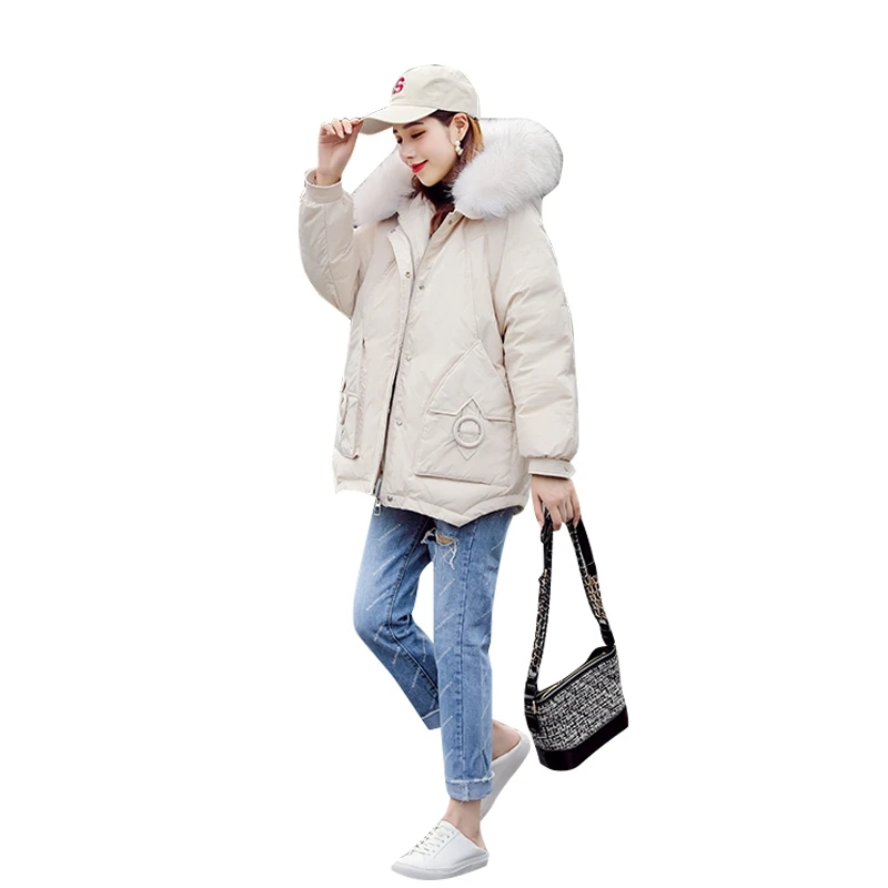 Beige Осенне-зимняя женская парка, куртка с подкладкой с толстовка с мехом енота 80% утиный пух женская теплая верхняя одежда LF9082 - Цвет: Beige
